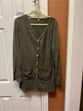 Olive Ribbed Button Cardigan